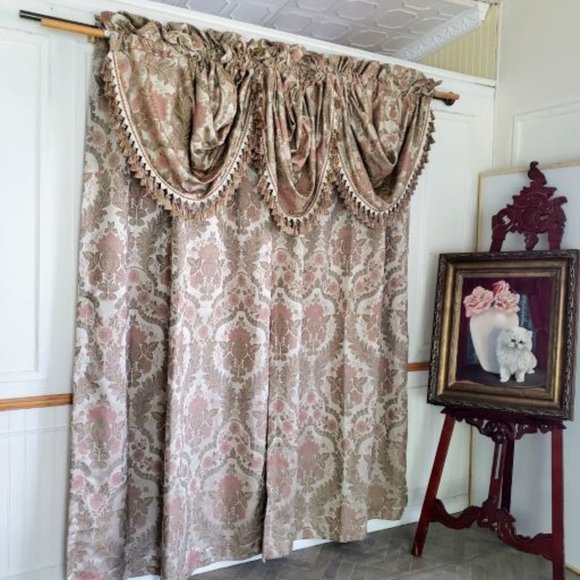 JC Penney Drapes Waterfall Valances 100Wx85L Tan Floral Jacquard Lined Vtg 7pcs - Picture 5 of 13